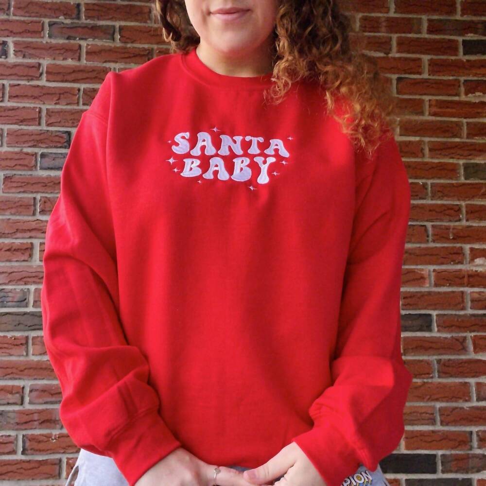 NEW DISTRESSED VINTAGE COUTURE santa baby crewneck sweatshirt in red/white